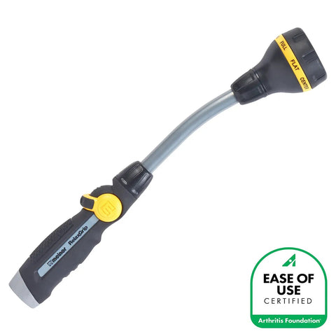 Relax Grip 15 Inch Garden Hose Wand With 8 Pattern Sprayer And Easy Thumb Control Adaptor shown with certification badge