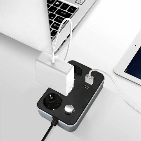 Heavy Duty 3 Outlet Extension Cord Surge Protector With 3 Fast Charge Ports Built Tough Flame Resistant Housing, powering a laptop and tablet.