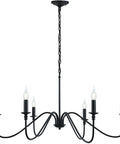 Front view of Six Light Rustic Industrial Iron Chandelier with matte black finish, adjustable height, candle style for dining room and living spaces.