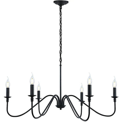 Front view of Six Light Rustic Industrial Iron Chandelier with matte black finish, adjustable height, candle style for dining room and living spaces.