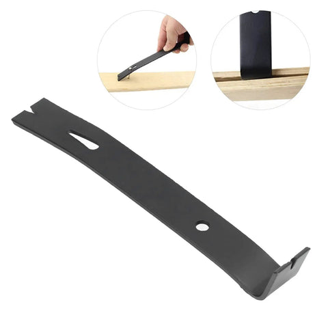 Carbon Steel Pry Bar With Nail Puller And Claw for woodworking, durable black finish, flat wide claw shown removing nails.