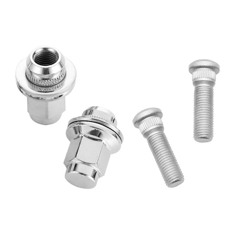 Chrome Lug Nut And Stud Set M12 X 1.5 For Car Wheels, 4 Pack Heavy Duty Lug Hardware Kit, close-up of nuts and studs.