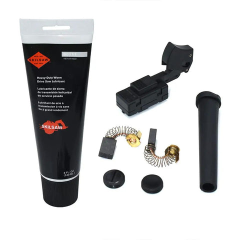 Get Your Workhorse Back On Track With This Heavy Duty Full Service Kit Featuring Carbon Brushes Snappy Toggle Switch Nine Foot Cable And Top Shelf Grease, containing lubricant, switch, and brushes.