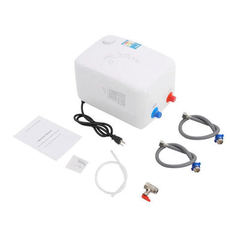 Compact Electric Hot Water Heater Featuring Instant Mini Storage Boiler 1500W with accessories and cables.