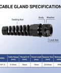 Beefed Up M16 Strain Relief Cord Connector With PA66 Nylon Gland, Rugged Spiral Cable Grip For Five To Ten Millimeter Wires, IP69 Waterproof Cable Clamp With Gaskets And Locknut, Black, specification view