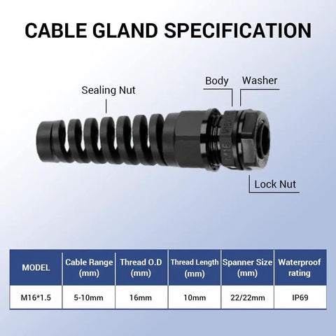 Beefed Up M16 Strain Relief Cord Connector With PA66 Nylon Gland, Rugged Spiral Cable Grip For Five To Ten Millimeter Wires, IP69 Waterproof Cable Clamp With Gaskets And Locknut, Black, specification view