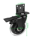 Close-up of single caster from Set Of Four 3 Inch L Shaped Bracket Swivel Casters With Brakes For Cots Flower Stands Desks And Other Furniture Silent Polyurethane Wheels Heavy Duty 600 Pound Loading Capacity Ideal For Home Office And Workshop Use.
