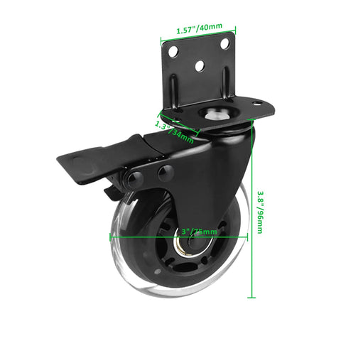 Close-up of single caster from Set Of Four 3 Inch L Shaped Bracket Swivel Casters With Brakes For Cots Flower Stands Desks And Other Furniture Silent Polyurethane Wheels Heavy Duty 600 Pound Loading Capacity Ideal For Home Office And Workshop Use.