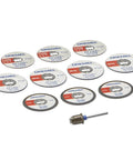 Front view of Dremel EZ Lock 11-piece metal cutting discs kit with mandrel