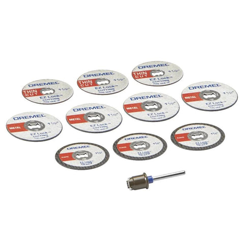 Front view of Dremel EZ Lock 11-piece metal cutting discs kit with mandrel