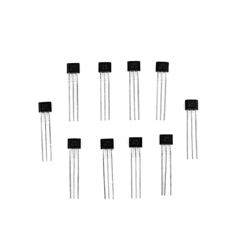 Top view of Hall Effect Switches Pack Of 10 A3144 Magnetic Hall Sensor, 3 Pin SIP Inline Detector for precise magnetic field sensing.