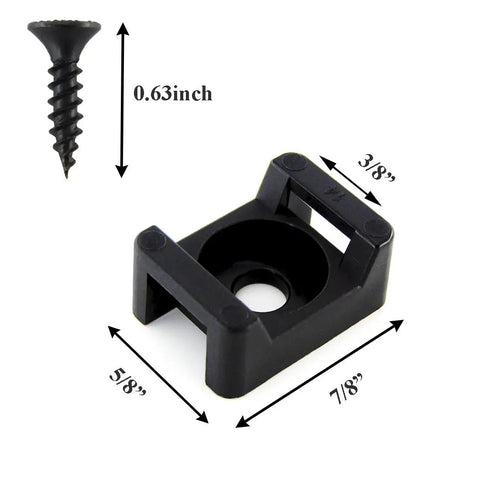 Close-up of a 0.63 inch screw and saddle mount with dimensions for Six Inch Nylon Cable Ties With Saddle Mounts Base Kit And Screws For Baseboard Wall Or Desk Organization 100 Zip Ties 100 Mounts 100 Screws Tough As Nails Nylon 6 6 UL Certified.