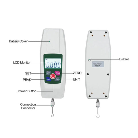 Push And Pull Tester Meter Mini Dynamometer With 4 Measurement Units Backlit Display Buzzer Alarm For Compression And Tension Acceleration Setting For Precision Upper And Lower Limit Alerts KF50 front and back view