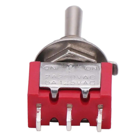 Front view of Mini Momentary Toggle Switch SPDT 3 Position On Off On Waterproof Cap, 6 Pack Car Boat Switches AC 5A at 125V, 2A at 250V MTS-123-MZ