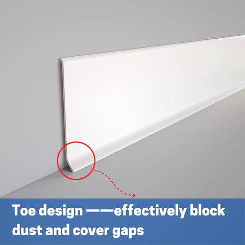 Close-up of self adhesive vinyl baseboard molding with toe design, 4 inch by 40 feet, peel and stick, white, 0.08 inch thick.