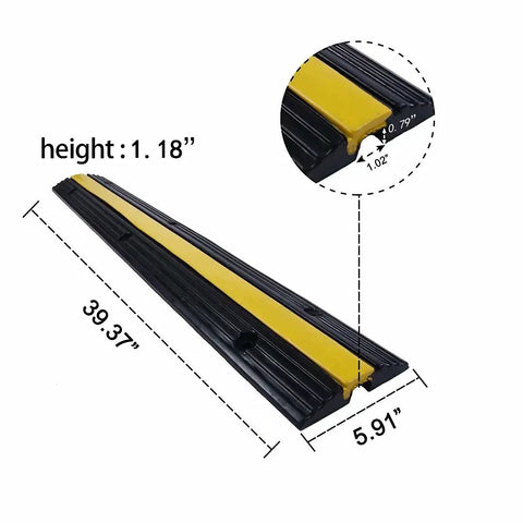 Ridiculously Tough Rubber Cable Ramp 1 Channel Cord Cover showing dimensions of 39.37 in L x 5.91 in W x 1.18 in H