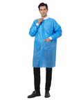 Disposable Lab Coats Pack Of 10 In Blue SMS Polypropylene Anti Static Fluid Resistant Breathable With Pockets Adult Size Medium Knitted Collar And Cuffs Lightweight And Durable
