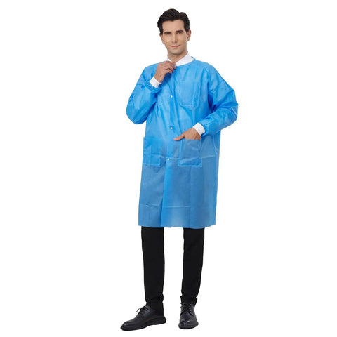 Disposable Lab Coats Pack Of 10 In Blue SMS Polypropylene Anti Static Fluid Resistant Breathable With Pockets Adult Size Medium Knitted Collar And Cuffs Lightweight And Durable