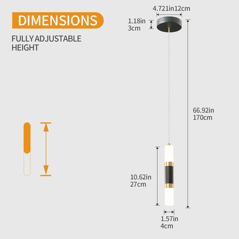 Sleek Dimmable LED Mini Pendant Light Set For Kitchen Island And Bar Black And Gold Finish dimensions illustration.