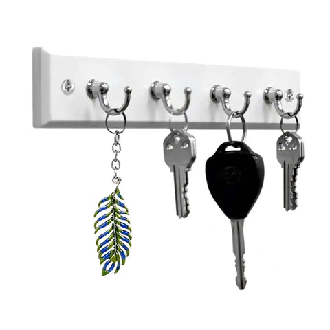 Wall Mounted Key Rack With Four Hooks, Steel And Wood Key Holder For Keys And Small Essentials, White Modern Home Organizer
