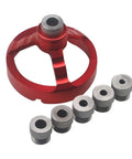 Bullseye Drill Guide Woodworking Jig For Tight Straight Angle Drilling and Spit Spot Dowel Alignment with heavy-duty red frame and six metal inserts.