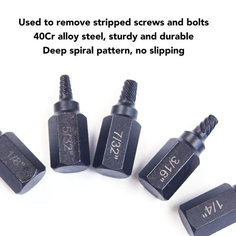 Check Out This Awesome 25-Piece Screw Extractor Set Made From Tough 40Cr Steel Perfect For Yanking Out Stripped Bolts And Broken Studs With Ease Using A Multi-Spline Hex Shank Design To Save Your Time And Money On Any Garage Repair Job You Got. 40Cr steel screw extractors with hex shank, shown in sizes 1/8 to 7/8 for stripped bolts