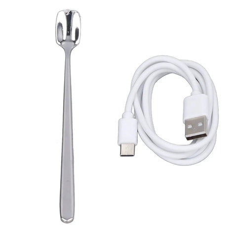 Dual Mode Electric Mug Warmer And Cooler Keeps Your Coffee Ice Cold Or Piping Hot Desktop Aluminum Heater Chiller Usb Powered Non Slip Mat For Daily Grind Green USB cable and metal stirring spoon on white background.