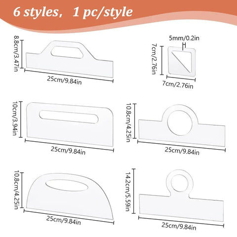 High Density Acrylic Charcuterie Board Templates Six Piece Router Stencil Set With Grippy Handles, clear acrylic styles with measurements.