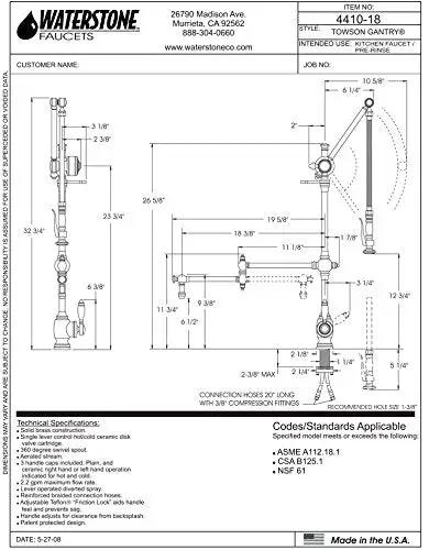 Top Tier Single Handle Pulldown Kitchen Faucet With 18 Inch Articulated Spout And Distressed Antique Pewter Finish technical diagram showing dimensions and specifications.