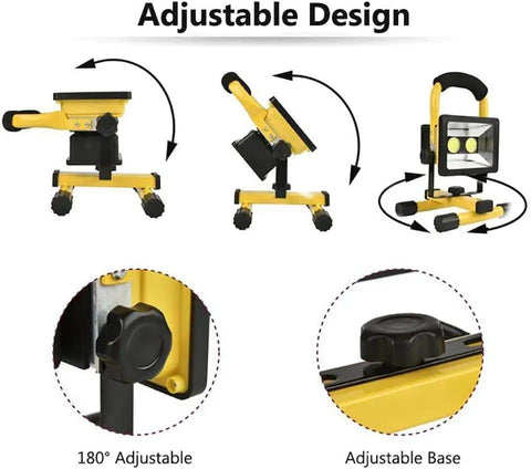 Adjustable design features of JUDYSSY Portable Led Floodlight Rechargeable Battery with 180° base and knob for stability.