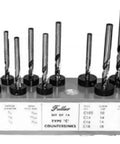 Professional Countersink And Taper Drill Bit Set For Five Through Nine Wood Screws Featuring Heat Treated Steel And Four Flute Cutters displayed on a holder.