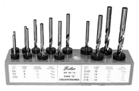 Professional Countersink And Taper Drill Bit Set For Five Through Nine Wood Screws Featuring Heat Treated Steel And Four Flute Cutters displayed on a holder.