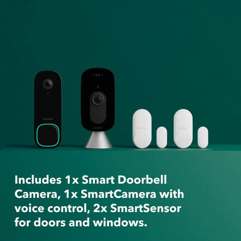 Home Security Bundle With 1080P HDR Smart Doorbell Camera Wired SmartSensor For Doors And Windows And SmartCamera displayed on green