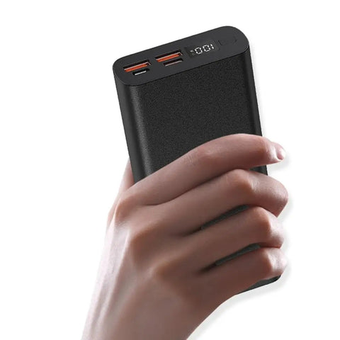 Hand holding DIY Custom Polymer Battery Charging Case For Two 1260110 Cells offering 22.5W PD and LED display.