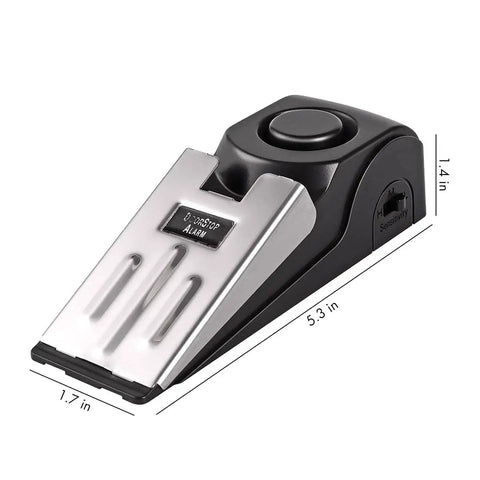 Side view of Two Pack Door Stop Alarm Security Tool With 120dB Siren For Home Travel And Apartment Portable Safety Gadget, black and silver color.