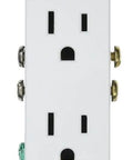 Front view of a Decora Duplex Receptacle 15 Amp 125 Volt Grounding White Residential Grade Two Outlet with mounting screws.