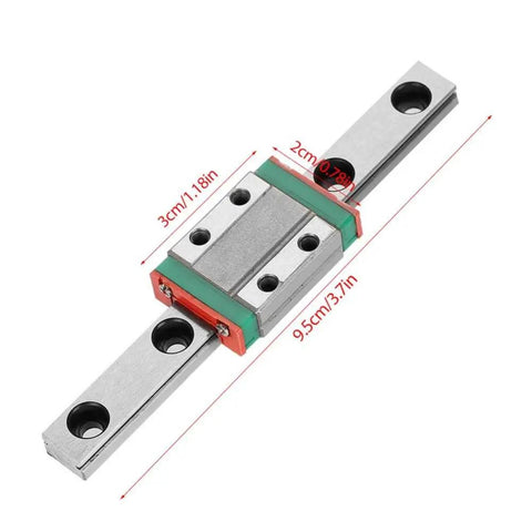 9mm Linear Rail Kit With Mini Bearing Steel Rail And Slide Block 95mm Length shown with dimensions in centimeters and inches.
