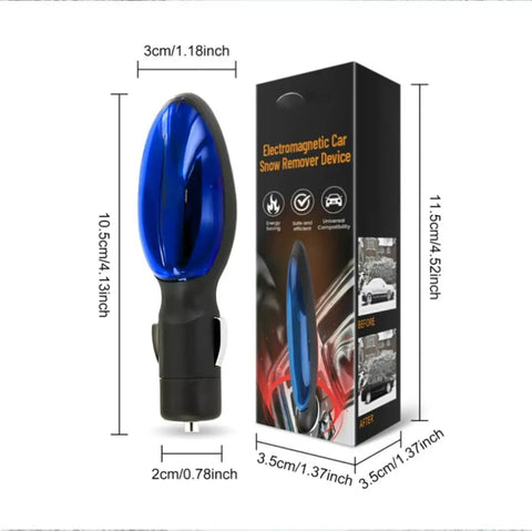 Electromagnetic car snow remover device with dimensions and packaging displayed