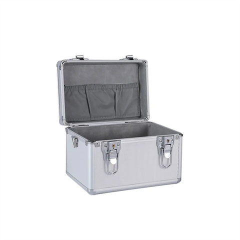 Heavy Duty Aluminum Tool Box With Removable Foam Portable Metal Storage Organizer Cabinet for tools open with visible compartments