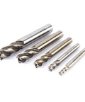 Set of five 4-flute HSS end mills with straight shanks, 4–12 mm diameter