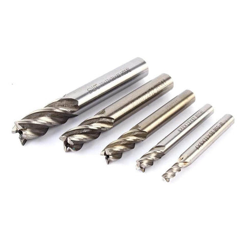 Set of five 4-flute HSS end mills with straight shanks, 4–12 mm diameter