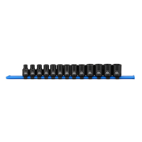 3/8 Inch Drive Magnetic Socket Set Shallow 6-Point Metric 7mm To 19mm, 13-Piece CR-MO Steel on a blue rail
