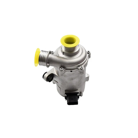 Top Rated Electric Water Pump And Mounting Bolts For BMW Cooling Systems Straight Fire Performance To Keep Your Engine Running Slick Compatible With 328i 330i 528i 530i And X3 Models, showcasing silver electric coolant pump with yellow fittings.