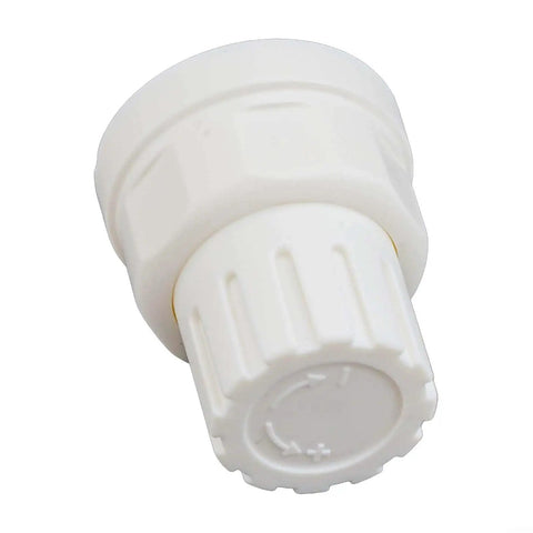 White plastic floor heating manifold handwheel with M30x5 thread, easy grip switch handle for radiator valve control, close-up view.