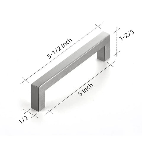 15 Pack 5 Inch Kitchen Cabinet Handles Square Brushed Nickel Drawer Pulls For Cupboard Hardware with dimensions labeled 5-1/2 inch.