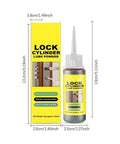 Lock Cylinder Lube Powder 8g bottle with packaging, size dimensions mentioned, for smooth operation of locks and keys.