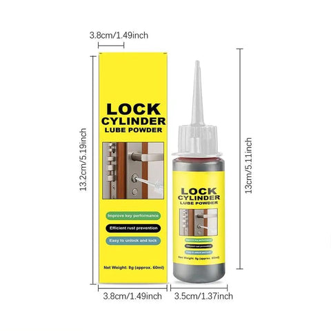 Lock Cylinder Lube Powder 8g bottle with packaging, size dimensions mentioned, for smooth operation of locks and keys.
