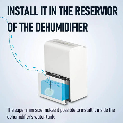 Automatic Sump Pump With Water Sensor For Condensate Removal From Dehumidifiers No Muss No Fuss shown inside a dehumidifier tank.
