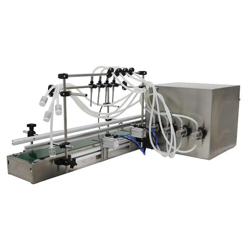 No Fuss High Performance Desktop Automatic Liquid Filling Machine With Pneumatic Conveyor And Four Head Magnetic Pump Adjustable 10 1000 ML Capacity, showing stainless steel design.