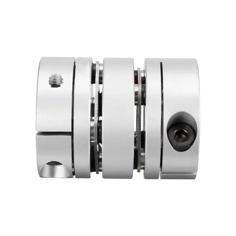 Side view of 8mm X 14mm Diaphragm Clamp Shaft Coupling with 32mm dia aluminum hubs and stainless steel discs for servo and stepper motors.